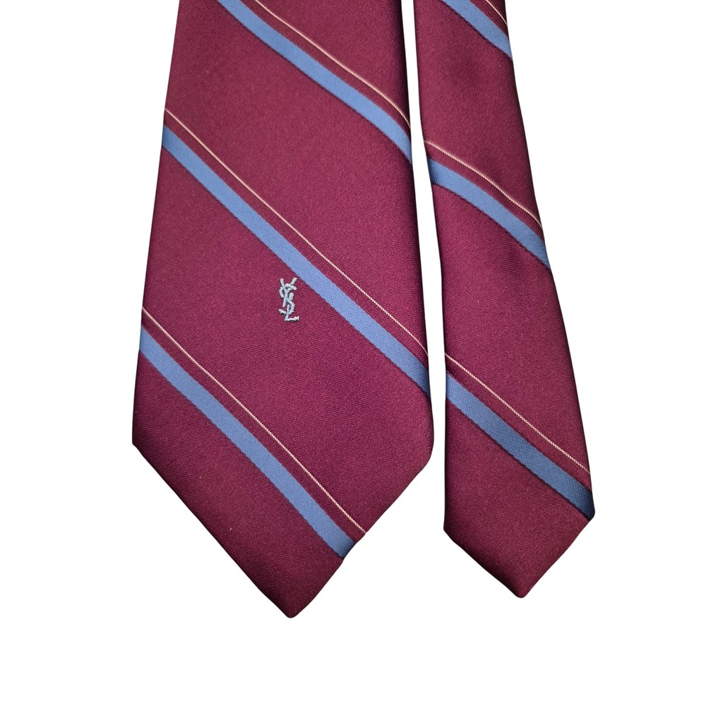 Yves Saint Laurent Mens Silk Tie Burgundy Blue Gold Striped YSL Logo Necktie